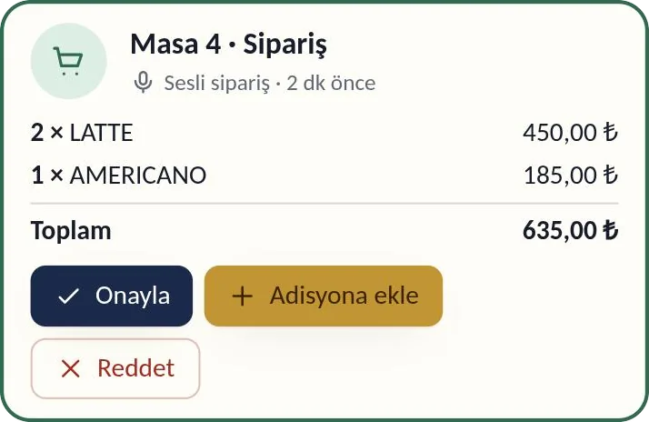 Maliyet Pro kasası: masa 4'ten gelen sesli sipariş, onayla ve adisyona ekle düğmeleri